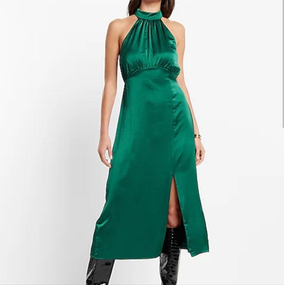 Express Satin Halter Slit Midi Green Cocktail Dress